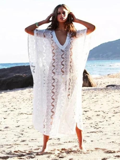 Printed Lace V-Neck Plus Size Cover-Ups Swimwear