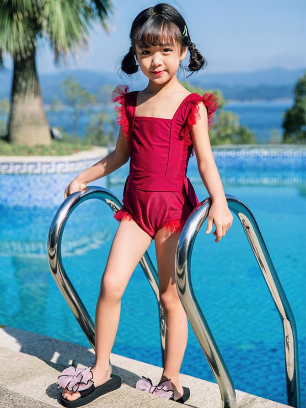 AONIHUA Solid Burgundy Bowknot Girl One Piece