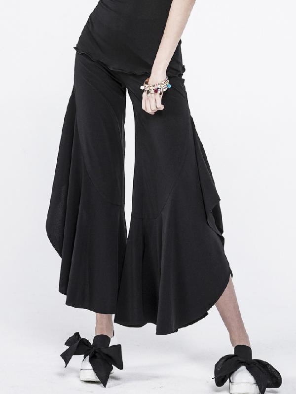 Black Falbala Split-joint Wide-leg Pants