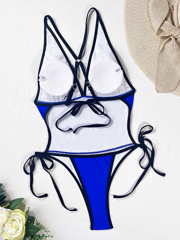 Royal Blue Bandage V-Neck One-Piece Swimwear