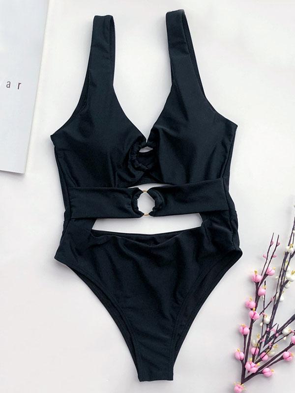 Solid Color Metal Ring One-Piece Swimwear