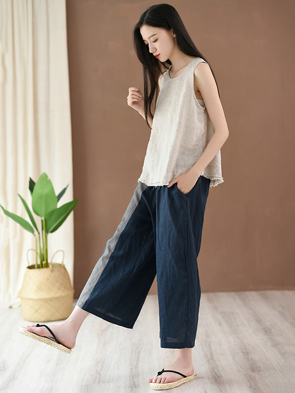 Vintage Casual Linen Striped Wide Leg Pants