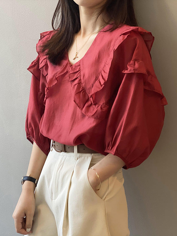 Stylish Solid Color Split-Joint Falbala V-Neck Half Sleeves Blouse