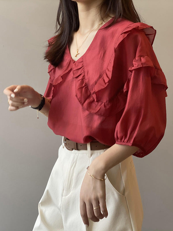 Stylish Solid Color Split-Joint Falbala V-Neck Half Sleeves Blouse