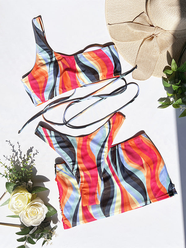 Three Pieces One Shoulder Printed Multicolor Bikini Swimwear