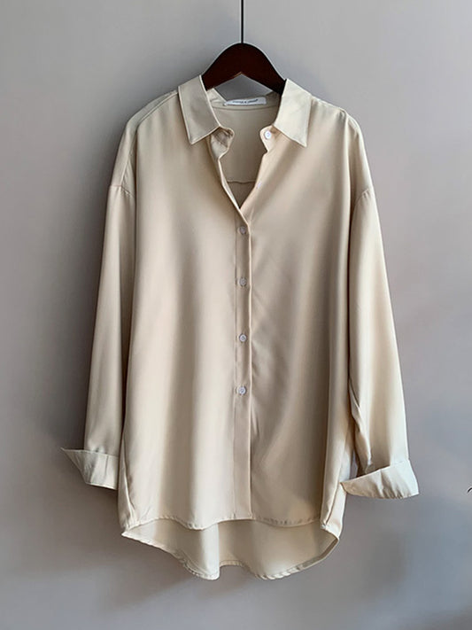 Simple Solid Color Buttoned Lapel Long Sleeves Blouse Tops