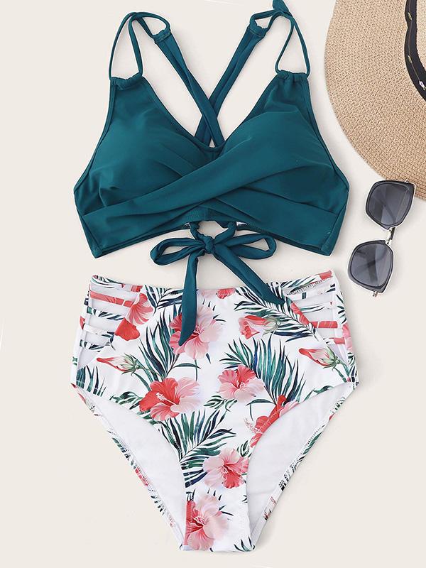 Floral-Print Color-Block Backless Split Bikini Swimsuit