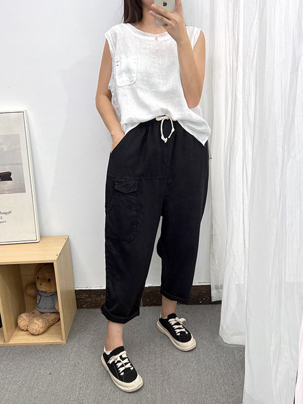 Simple Casual Loose Ramie Cotton Solid Color Drawstring Harem Pants