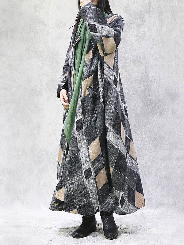 Artistic Retro Plus Size Plaid Long Sleeves Coat