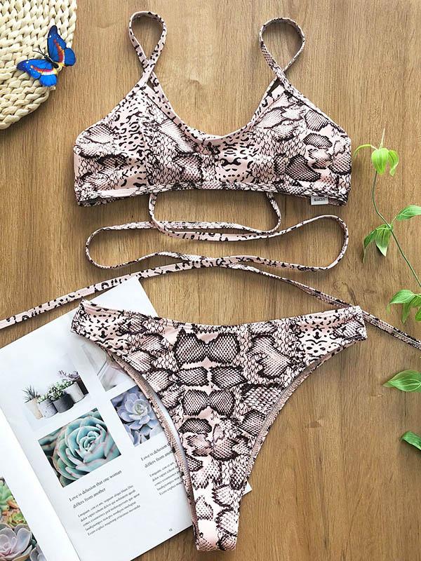 Sexy Bandage Backless Snake Pattern Split Type Bikini Swimsuit