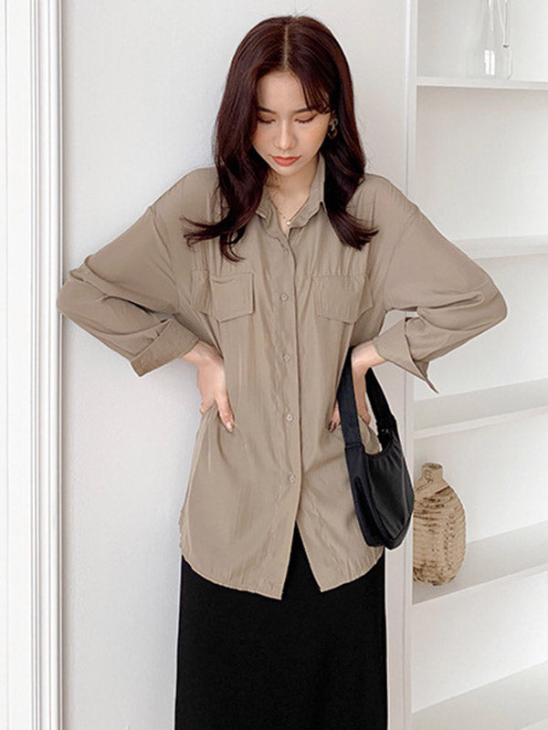 Simple Solid Color Buttoned Lapel Sun Protection Long Sleeves Blouse Tops