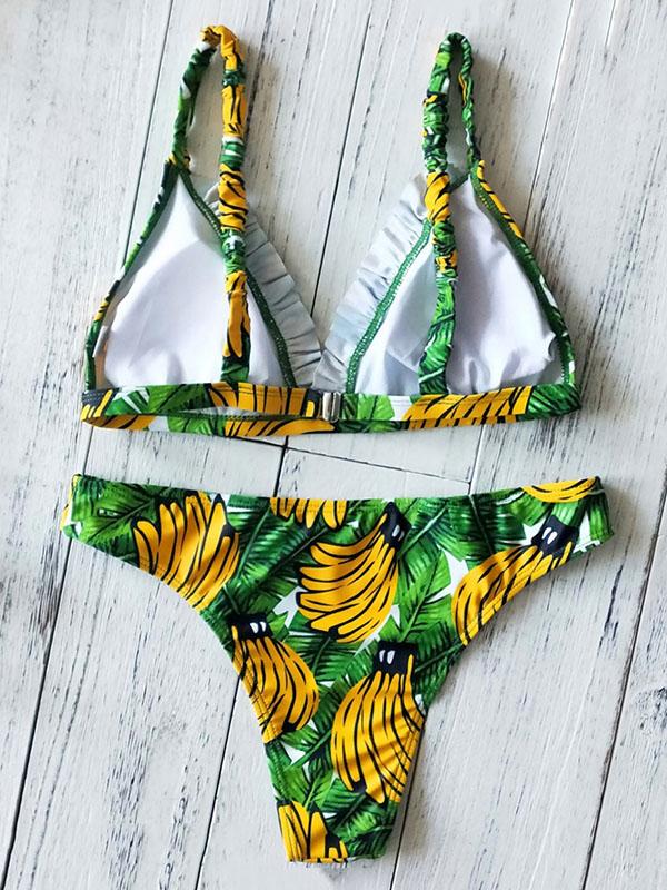 Ruffled Banana Printing Bikini Swimsuit