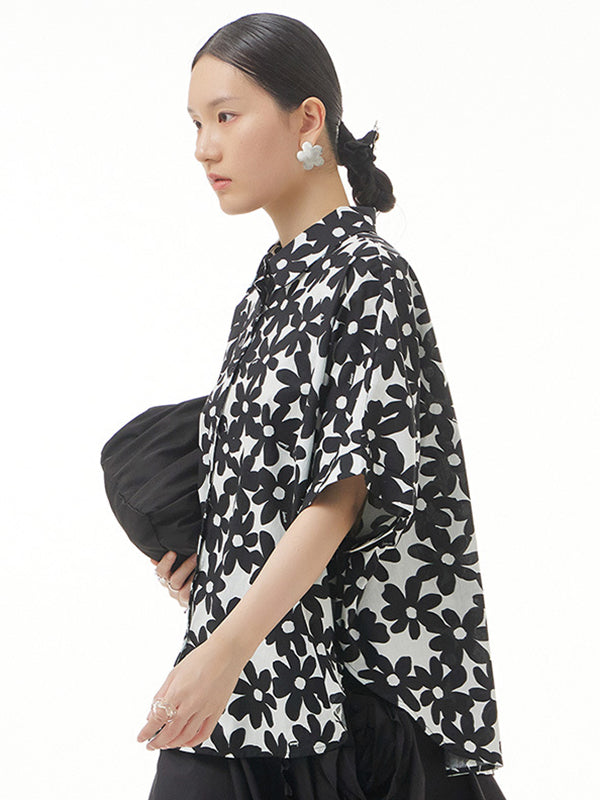 Simple Loose Floral Printed Split-Joint Blouse