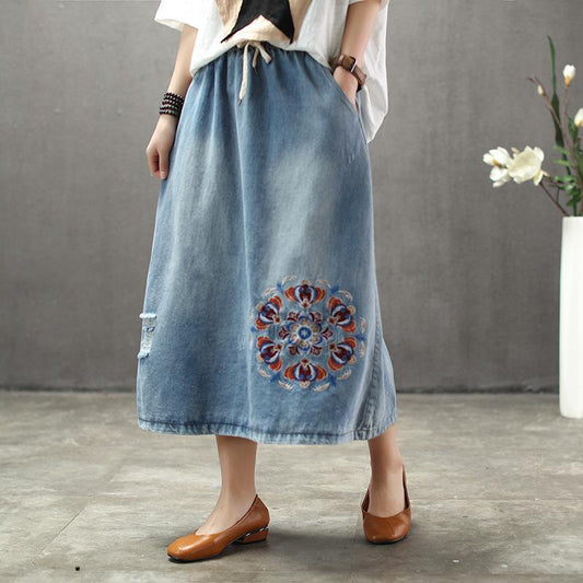 Denim Floral Embroidery A-Line Women Skirt