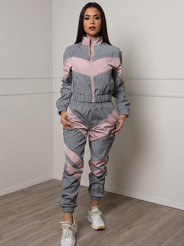 Patchwork Zipper Sport Jackets And Casual Pants Suits