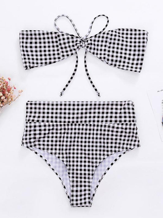 Checkered Print Bandeau Split Bikini Swimsuit