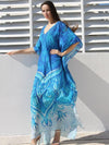 Blue-white Super Loose Printed Beach Cover-ups