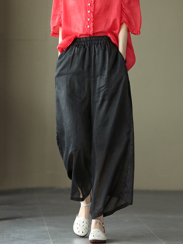 Simple Casual Vintage Ramie Cotton Wide Legs Pants