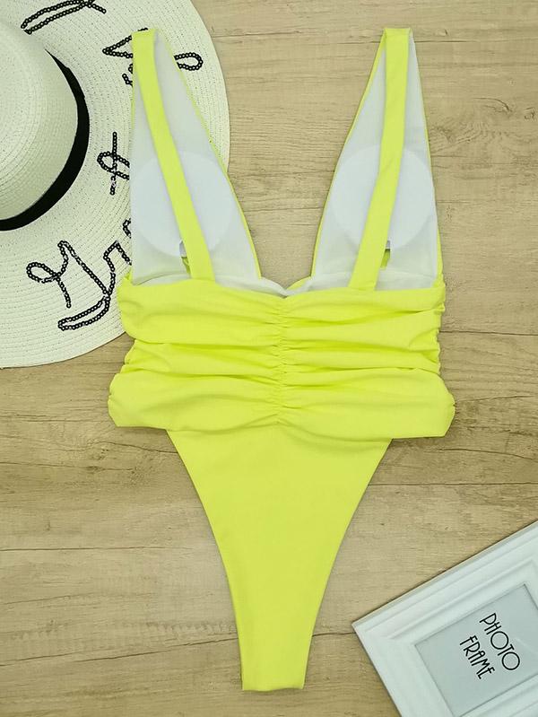 Deep V-Neck Solid Color One-Piece Swimwear