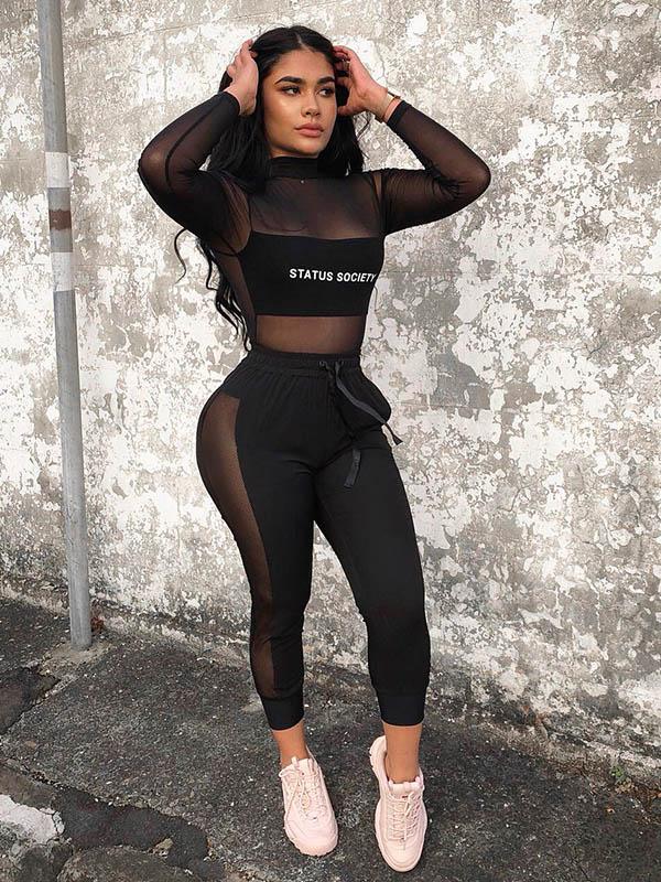 Letter Printed Mesh Tees And Leggings Suits