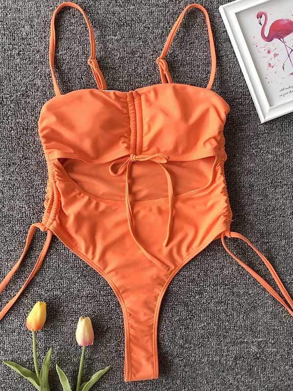 Plain Spaghetti-neck One-Piece Swimsuit