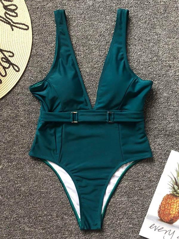 Plain V-neck Buckle One-piece Swimsuit