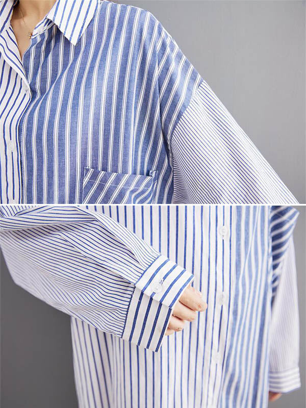 Artistic Retro Loose Striped Split-Joint With Pocket Buttoned Split-Side High-Low Lapel Collar Long Sleeves Blouse