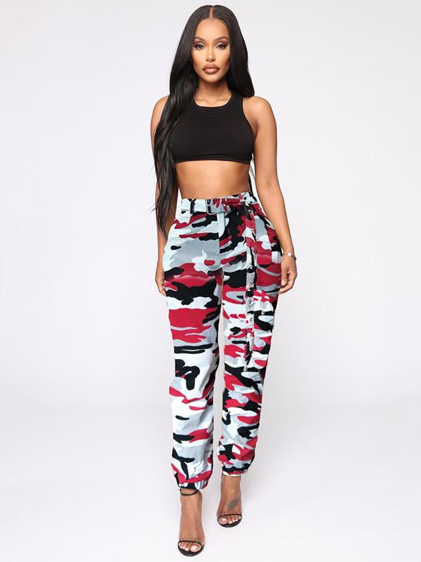 Plus Size Red Grey Camouflage Printed Track Pants