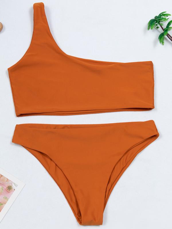 Sexy Single Shoulder Solid Color Split Bikini Swimsuit