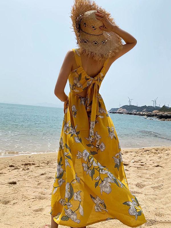 Printed Backless Split-front Sleeveless Maxi Dress