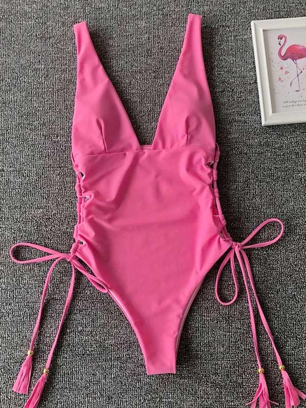 Plain Plunging Lace Up One-piece Swimsuit