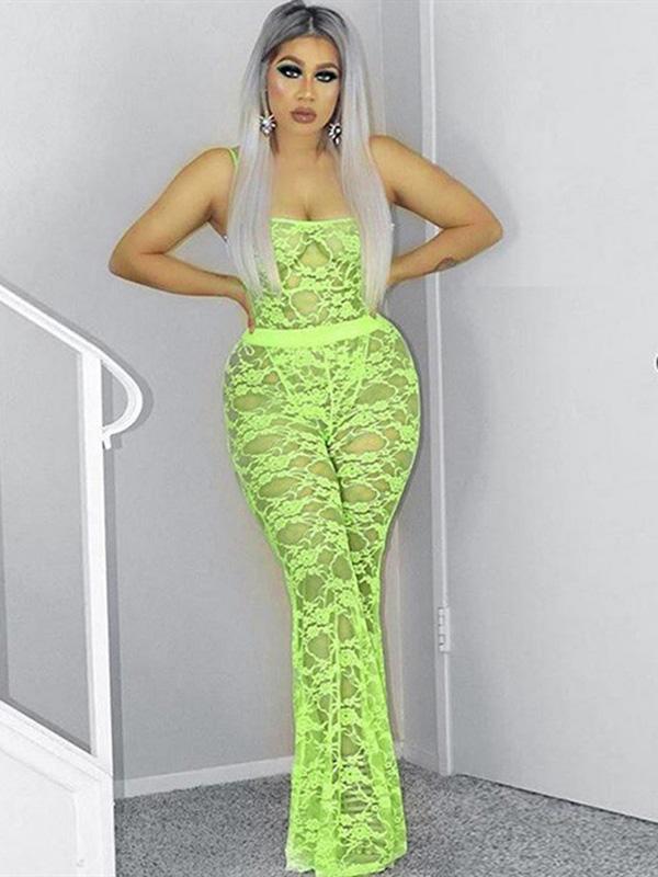 Lace Spaghettti -neck Bodysuits And Flared Pants Suits