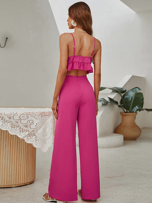 Urban Fuchsia Spaghetti-Neck Vest Top&Wide Leg Pants Two Pieces Set