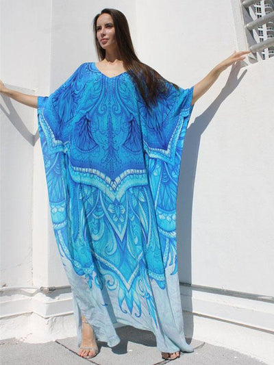 Blue-white Super Loose Printed Beach Cover-ups