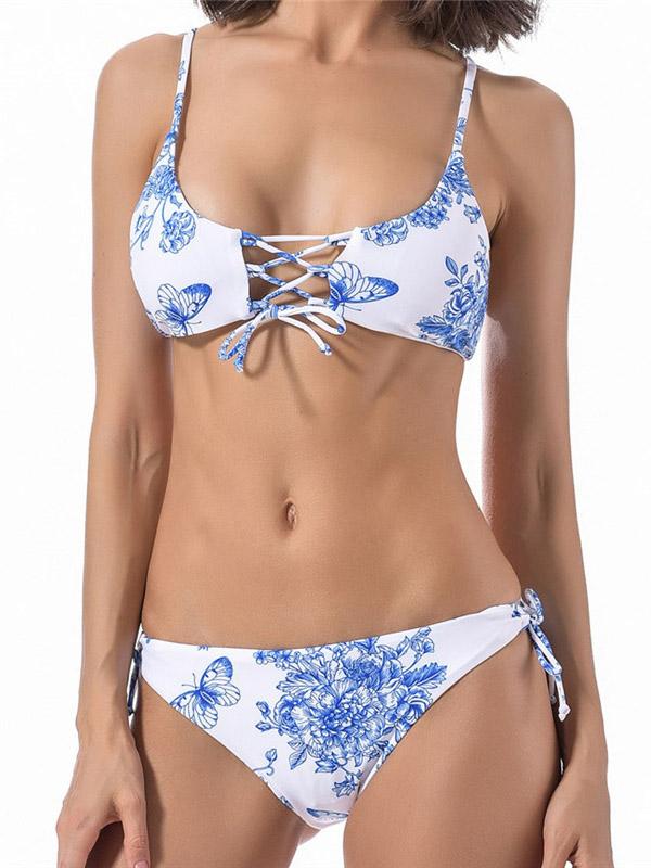 Caribe Printed Bandage Split Bikini Swimsuit