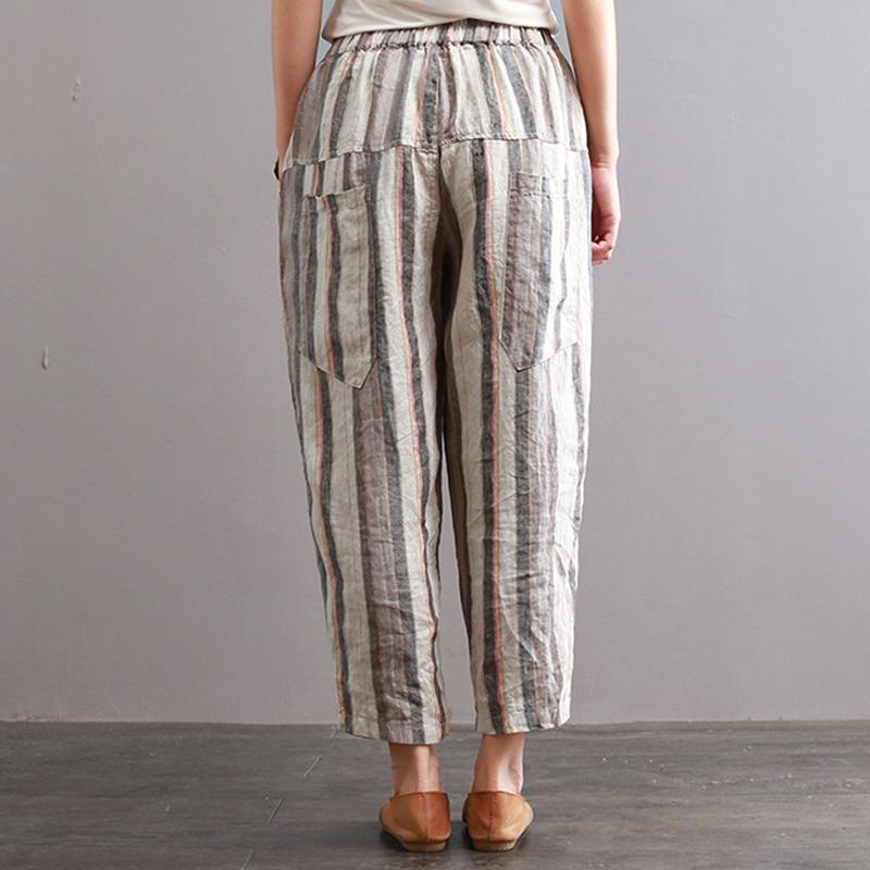 Cotton Linen Striped Casual Ankle-Length Harem Pants