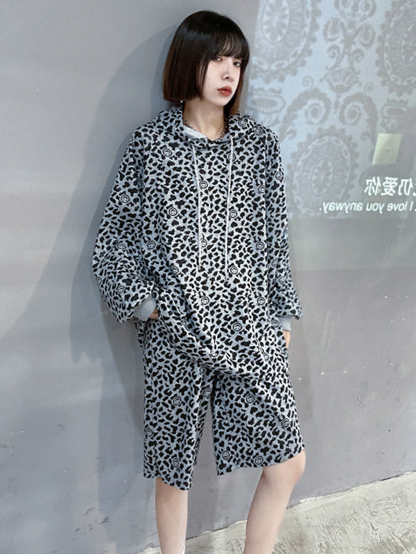 Stylish Loose Leopard Drawstring Long Sleeves Hoodies&Wide Legs Shorts 2 Pieces Set