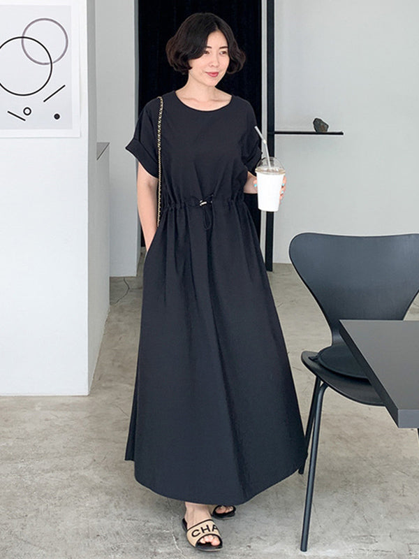 Casual Solid Color Drawstring Pleated Round-Neck Half Sleeves High-Waist Midi Dress