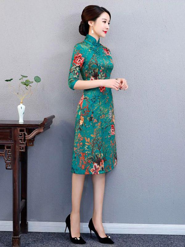 Autumn Flower Print Split-front Stand-collar Long Cheongsam