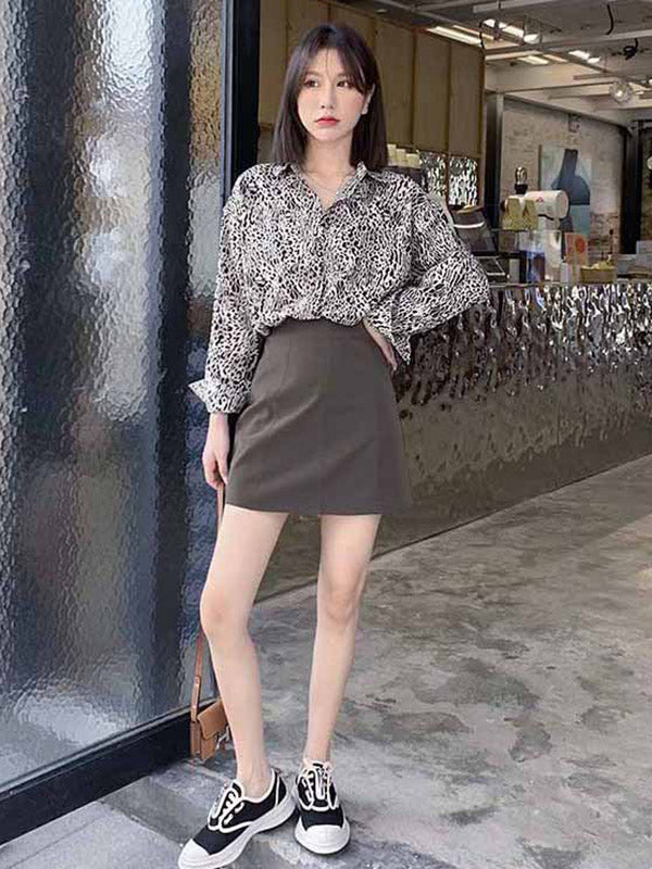 Stylish Leopard Buttoned Lapel High-Low Long Sleeves Blouse Tops