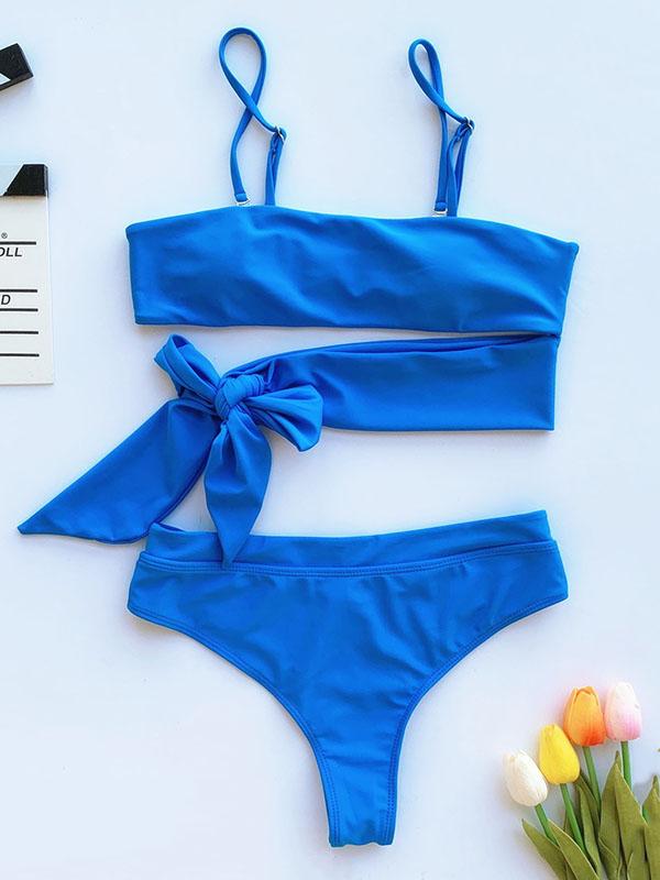 Sexy Strapless Bandage Knotted Split Bikini Swimsuit