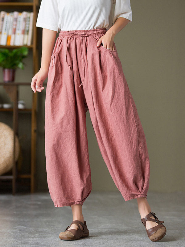 Simple Casual Loose Linen Solid Color Pleated Drawstring Knickerbockers