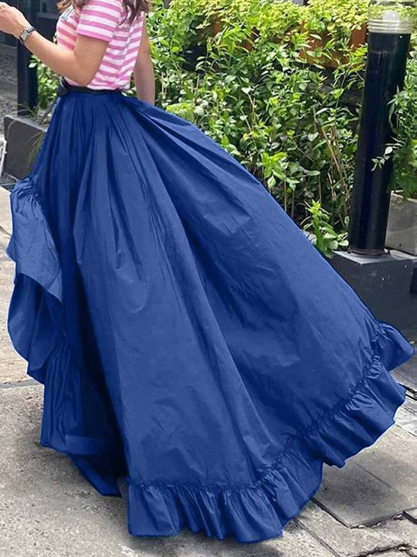 Stylish Solid Color Falbala Pleated Elasticity High-Low Long Skirt