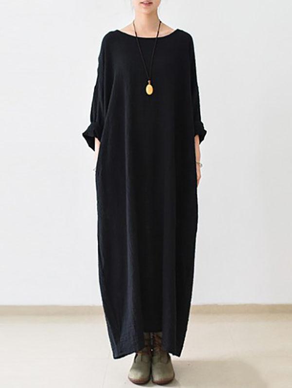 Thin Black Ramie Long Sleeve Caftans Long Dress