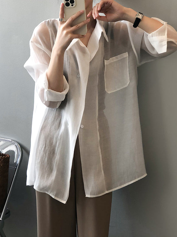 Simple Loose Long Sleeves Solid Color Thin Blouse