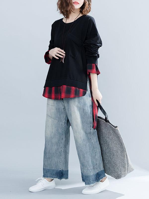 Loose Oversize Split-joint Plaid Sweatshirt