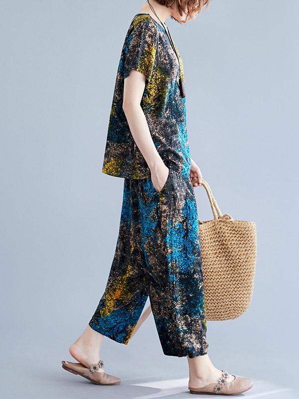 Loose Printed T-Shirt + Harem Pants Suit