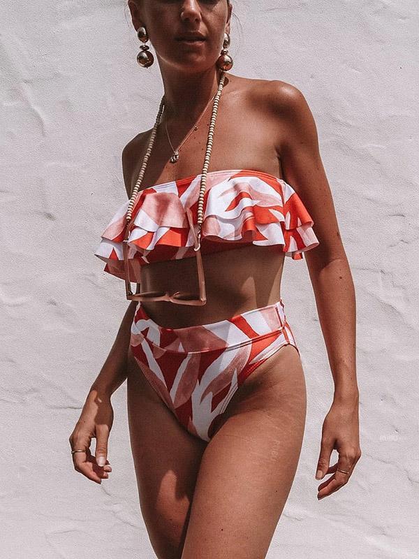 Geometry Of The Printing Ruffled Bikini Swimsuit