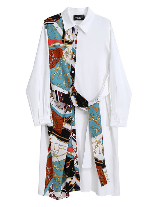 Original Printing Split-Joint Long Sleeve Shirt Dress