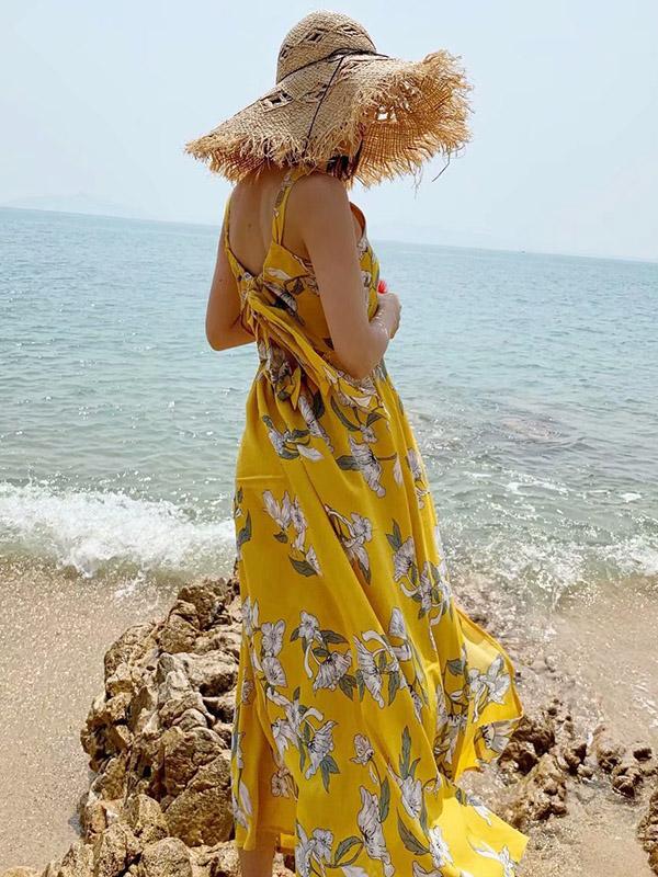 Printed Backless Split-front Sleeveless Maxi Dress